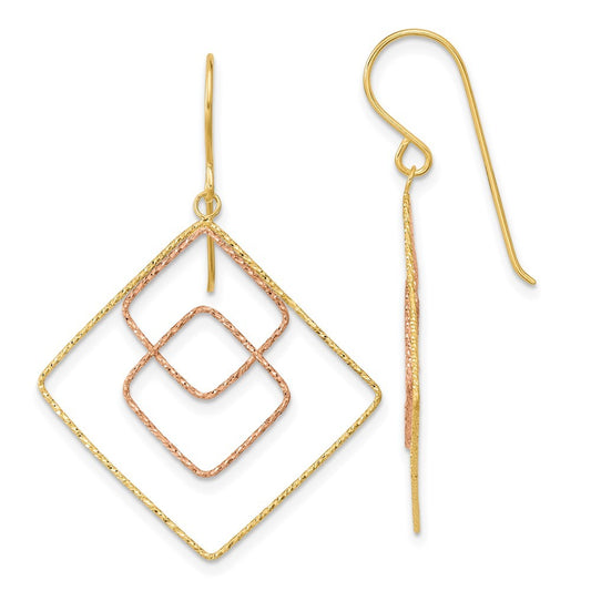 14k Two-tone Diamond-cut Graduated Square Drop Dangle Earrings w/ Shepherd Hook