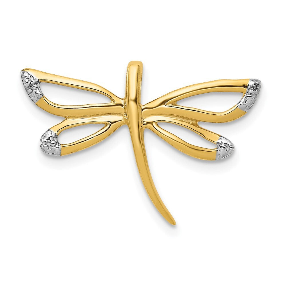 14k Yellow Gold Diamond Rhodium Accent Dragonfly Chain Slide Pendant for Women