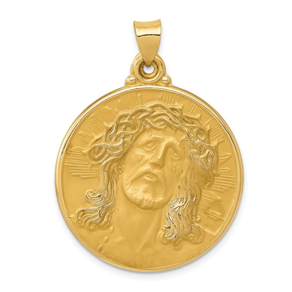 14k Yellow Gold Polished and Satin Face of Jesus Medal Hollow Pendant