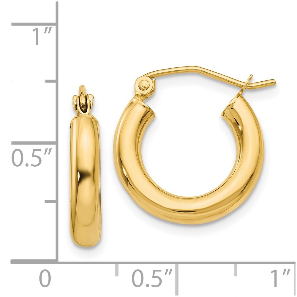 14k Yellow Gold Polished 3mm Tube Hoop Earrings Gift for Women