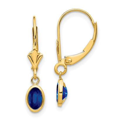 14k Yellow Gold 6x4 Oval Bezel September/Sapphire Dangle Earrings Leverback