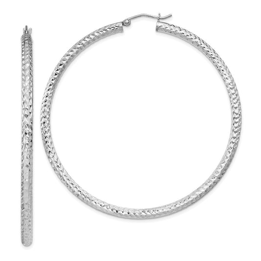 Sterling Silver Rhodium-plated Diamond-cut 3x60mm Hoop Earrings