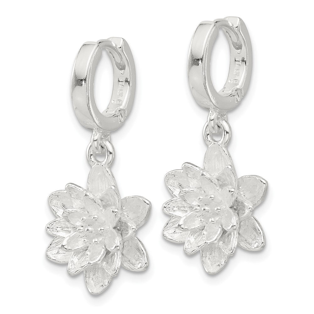 Sterling Silver Lotus Flower Dangle Hinged Hoop Earrings