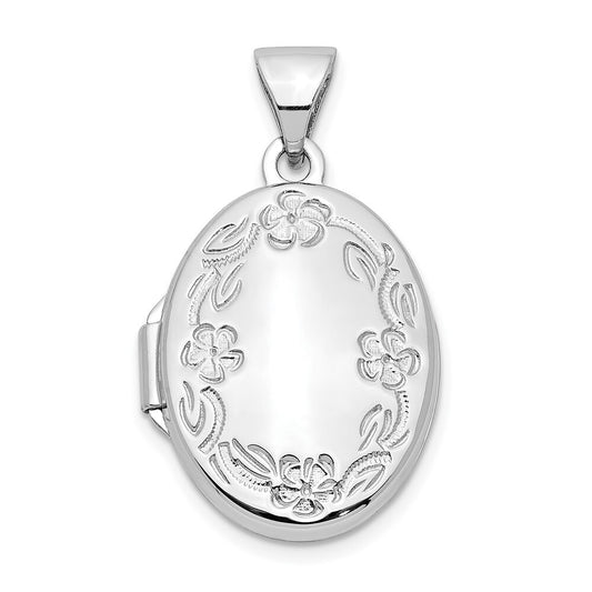 14k White Gold 17mm Oval Leaf Floral Hand Engraved Locket Pendant for Women