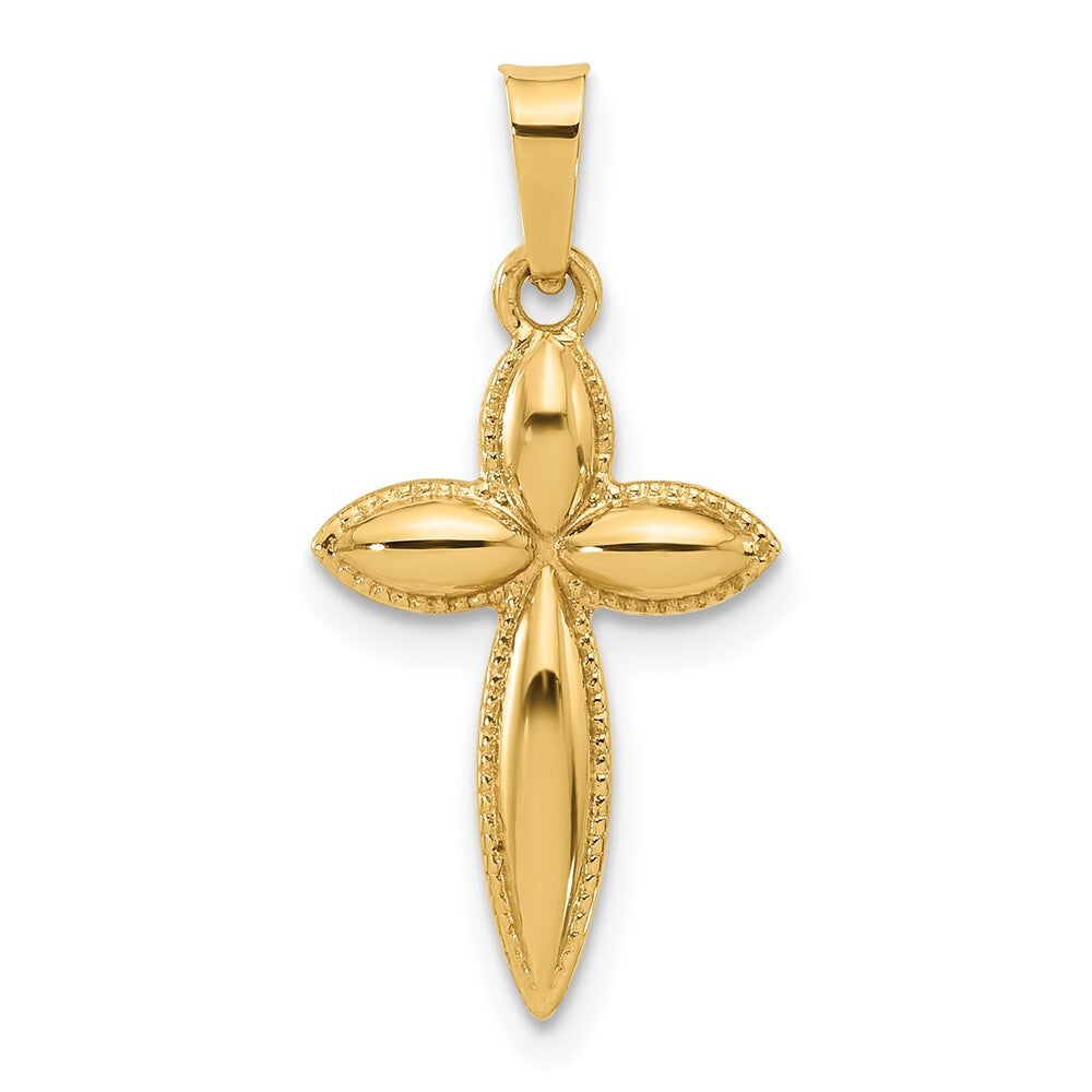 14k Yellow Gold Polished and Beaded Hollow Edge Passion Cross Pendant for Women