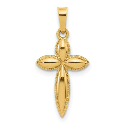 14k Yellow Gold Polished and Beaded Hollow Edge Passion Cross Pendant for Women