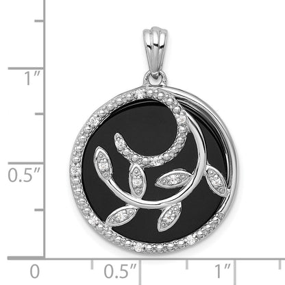Sterling Silver Polished Onyx Circle and Cubic Zirconia Leaves Pendant