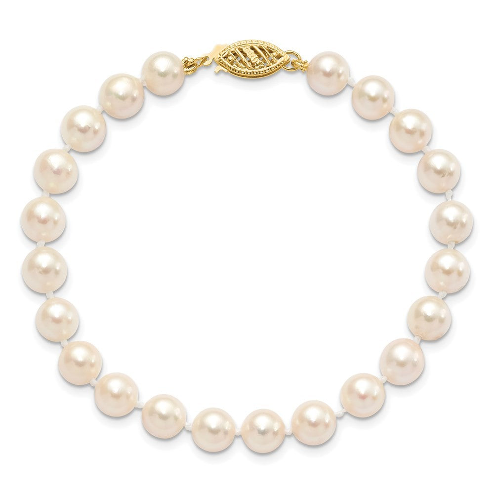 14k Yellow Gold 6-7mm White Round Akoya Saltwater Cultured Pearl 7 inch Bracelet