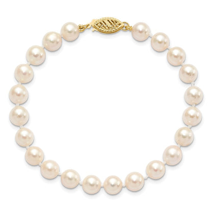 14k Yellow Gold 6-7mm White Round Akoya Saltwater Cultured Pearl 7 inch Bracelet