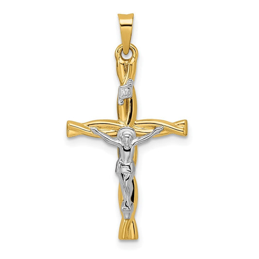 14k Two-tone Gold Polished Hollow INRI Crucifix Twisted Cross Pendant