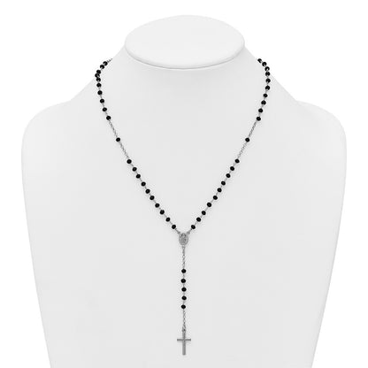 Sterling Silver Rhodium-plated Black Crystal Rosary Necklace 18.5" with 1" ext