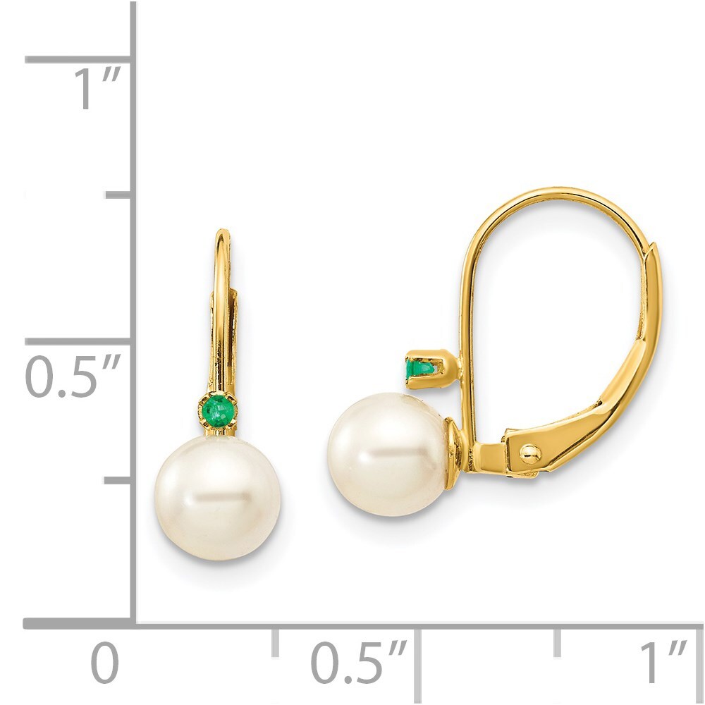 14k Yellow Gold 5-5.5mm White Round FW Cultured Pearl Emerald Leverback Earrings