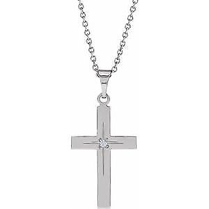 14k White Gold .01 CT Natural Diamond Cross Pendant Necklace 18"