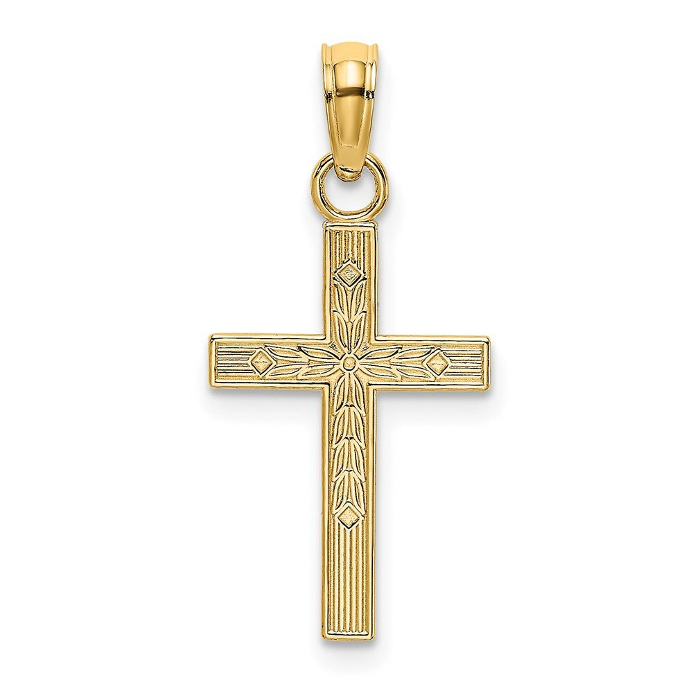 14k Yellow Gold Textured Center Block Cross Charm Pendant for Women