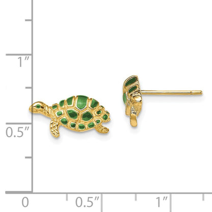 14k Yellow Gold Green Enamel Turtle Stud Earrings Gift for Women