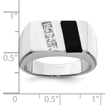 Sterling Silver Rhodium-plated Men's Cubic Zirconia and Onyx Ring Size 11