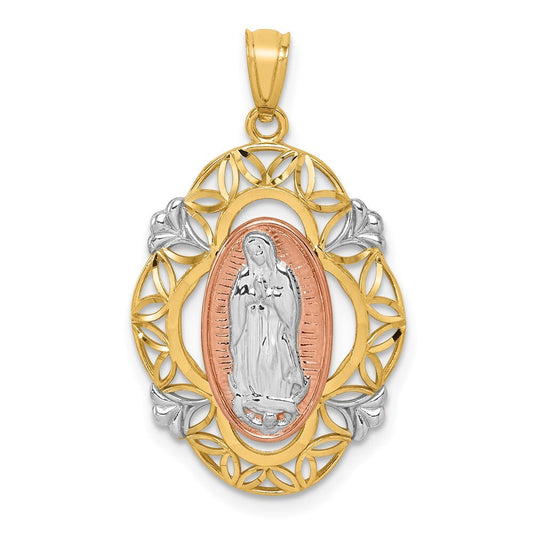14k Two-tone Gold White Rhodium Guadalupe Medal Pendant for Women