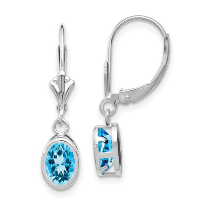 14k White Gold 7x5mm Oval Blue Topaz Dangle Earrings Leverback Gift for Women