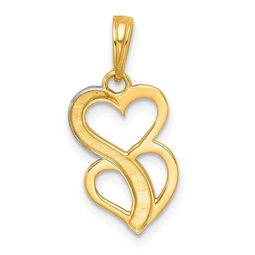 14k Yellow Gold White Rhodium Polished Brushed Heart Above Heart Charm Pendant