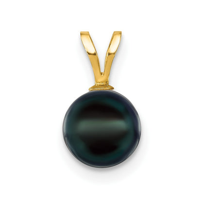 14k Yellow Gold 7-8mm Black Round Akoya Saltwater Cultured Pearl Pendant
