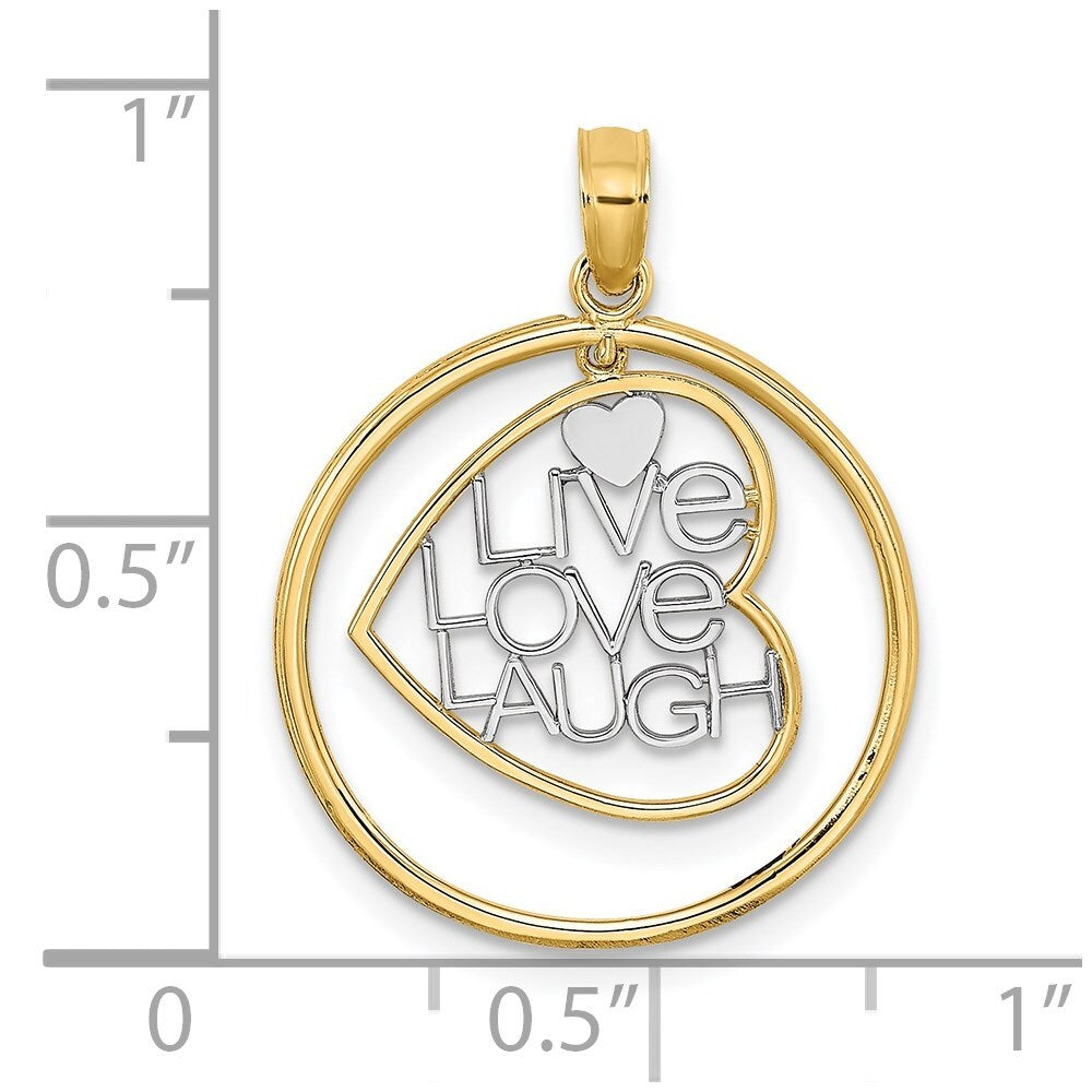 14k Yellow Gold Rhodium LIVE LOVE LAUGH Heart Dangling In Circle Charm Pendant