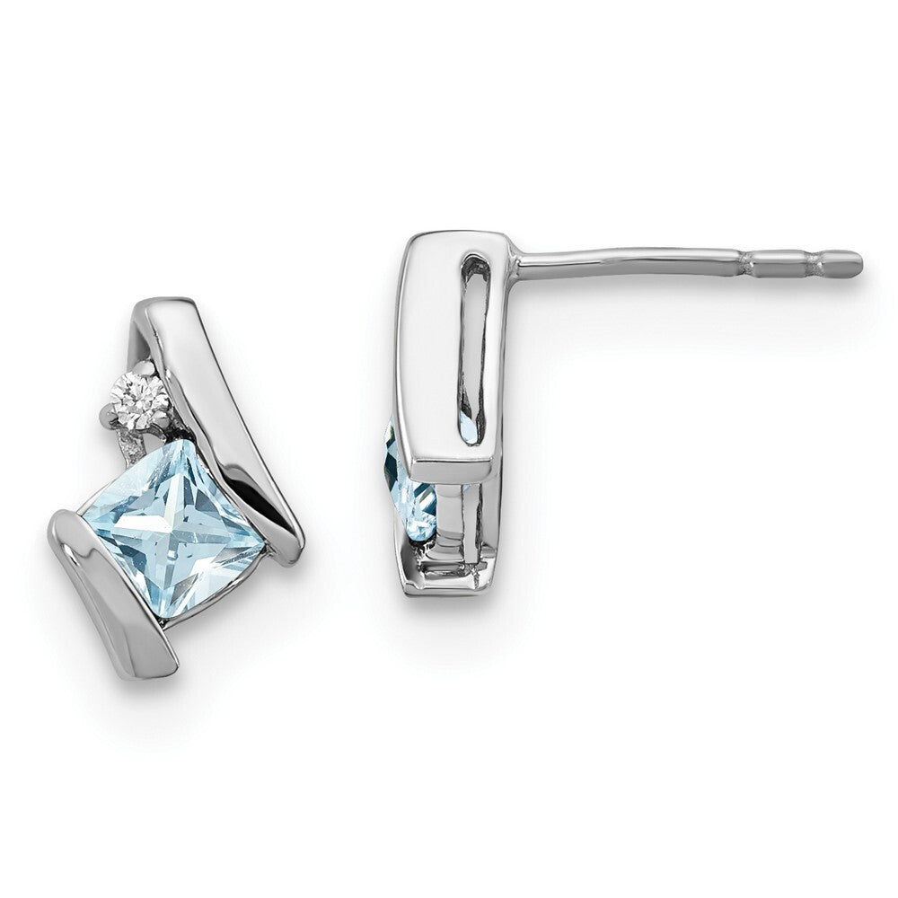 14K White Gold Cushion Aquamarine and Diamond Stud Earrings Gift for Women