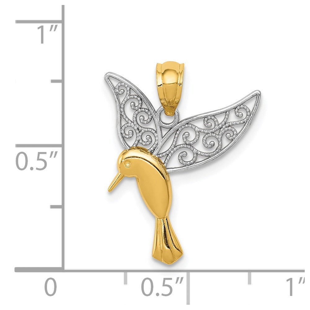 14k Yellow Gold Rhodium Polished Hummingbird Filigree Wings Pendant