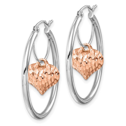14k Two-tone Rose and White Diamond-Cut Heart Dangle Hoop Earrings