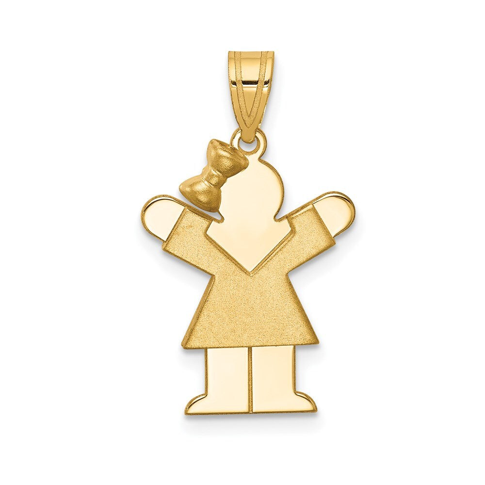 14k Yellow Gold Solid Engravable Girl with Bow on Left Charm Pendant for Women