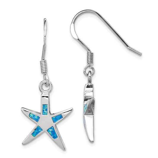 Sterling Silver Polished Created Blue Opal Inlay Starfish Dangle Earrings
