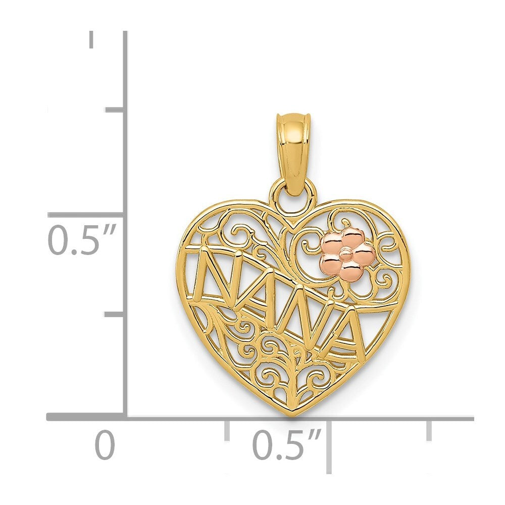14k Two-tone Gold Polished NANA Flower on Heart Pendant for Women