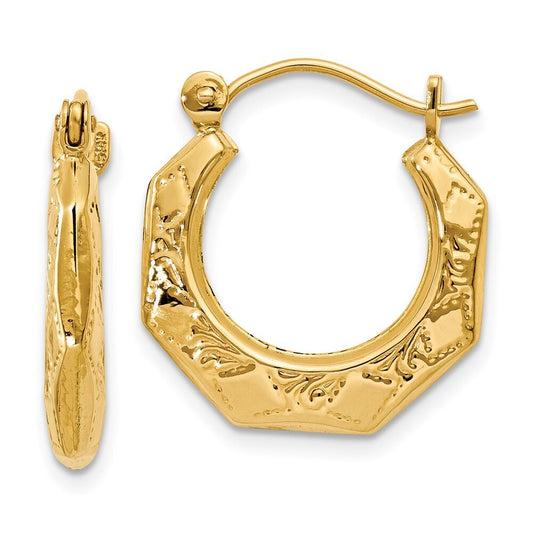 14k Yellow Gold Polished Patterned Hoop Earrings Gift for Women
