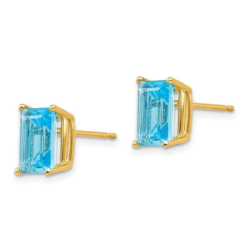 14k Yellow Gold 8x6mm Emerald Cut Blue Topaz Stud Earrings Gift for Women