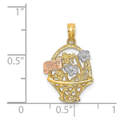 14k Two-tone Gold  White Rhodium Flower Basket I LOVE YOU Charm Pendant