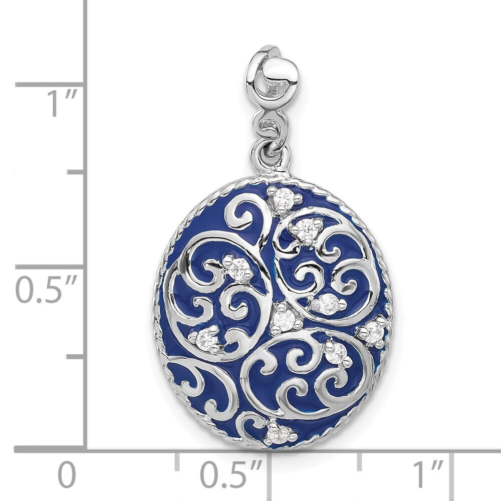 Sterling Silver Polished Swirl Blue Enamel Cubic Zirconia Oval Pendant