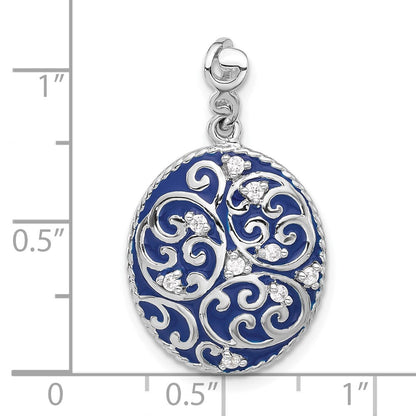 Sterling Silver Polished Swirl Blue Enamel Cubic Zirconia Oval Pendant