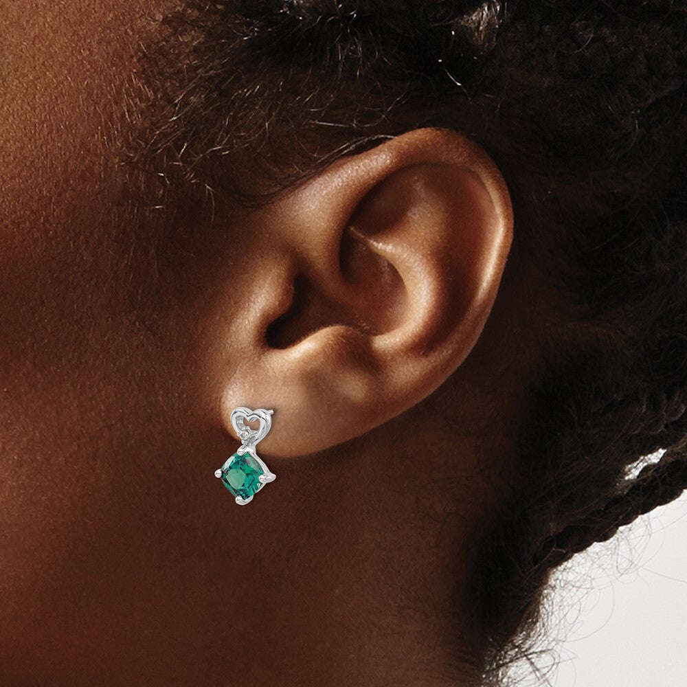 14k White Gold Created Alexandrite and Diamond Heart Drop & Dangle Earrings