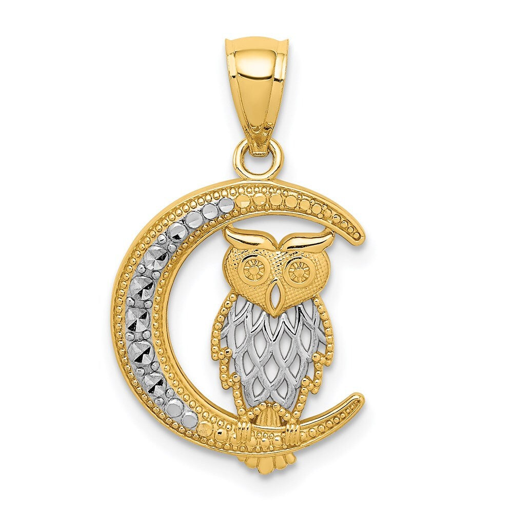 14k Yellow Gold White Rhodium Diamond-Cut Owl on the Moon Pendant for Women