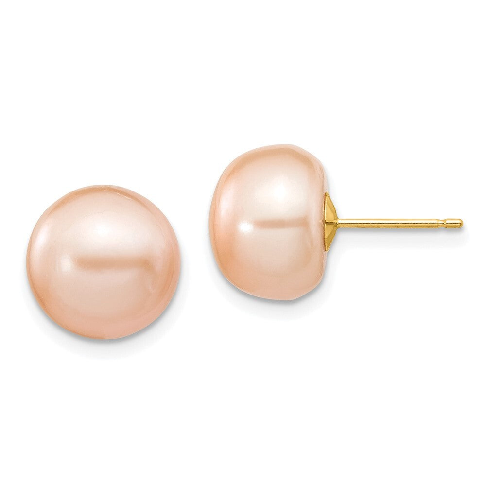 14k Yellow Gold 10-11mm Pink Button Freshwater Cultured Pearl Stud Earrings