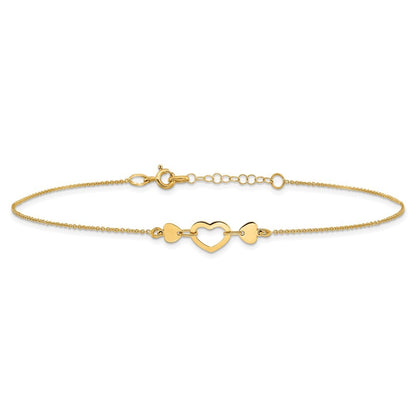 14k Yellow Gold Polished Open Heart 10.75 inch Anklet