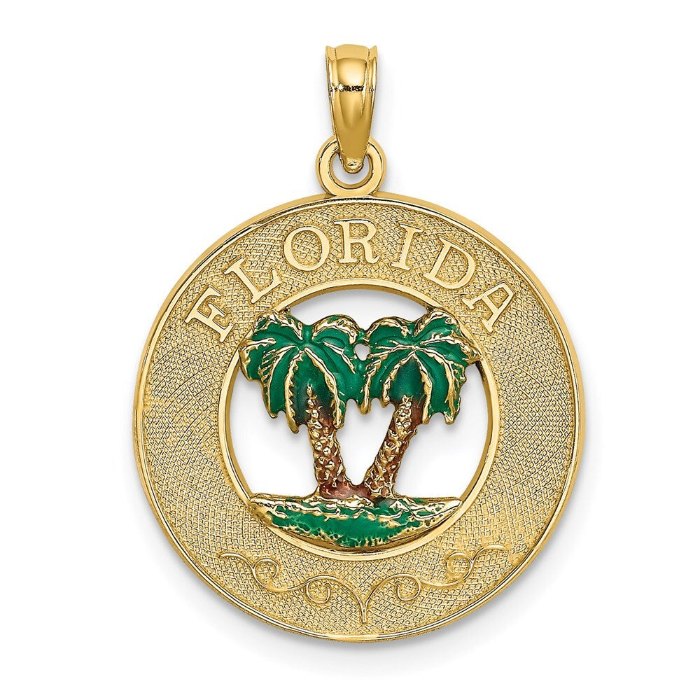 14k Yellow Gold Florida Enamel Palm Trees Circle Charm Pendant for Women
