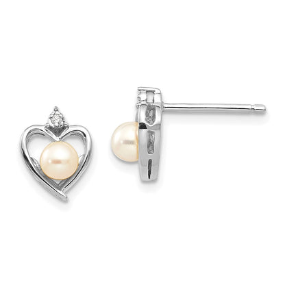 14k White Gold FWCultured Pearl and Diamond Heart Stud Earrings Gift for Women