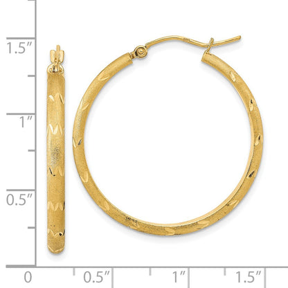 14k Yellow Gold Polished and Satin Diamond-cut Hoop Earrings