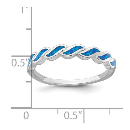 Sterling Silver Rhodium-plated Polished Blue Created Opal Wave Ring Size 8