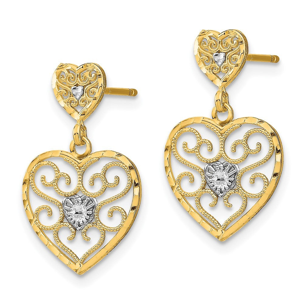14k Yellow Gold w/ RH Heart Beaded Filigree Dangle Earrings