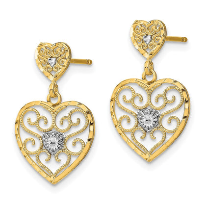 14k Yellow Gold w/ RH Heart Beaded Filigree Dangle Earrings