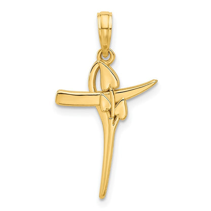14k Yellow Gold Polished Floral Cross Pendant
