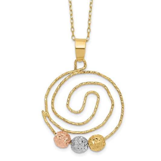 14k Tri-color Gold Diamond-Cut Beads on Spiral Pendant Necklace