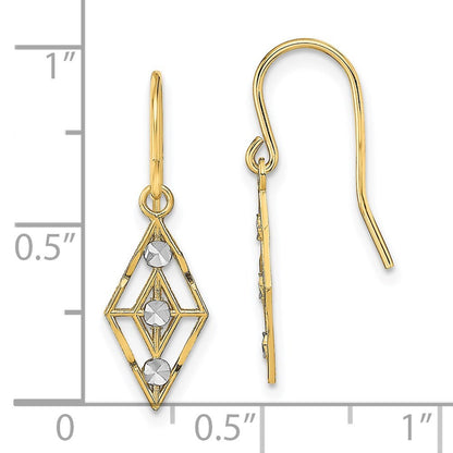 14k Yellow Gold Rhodium Diamond-cut Small Diamond Shape Wire Earrings