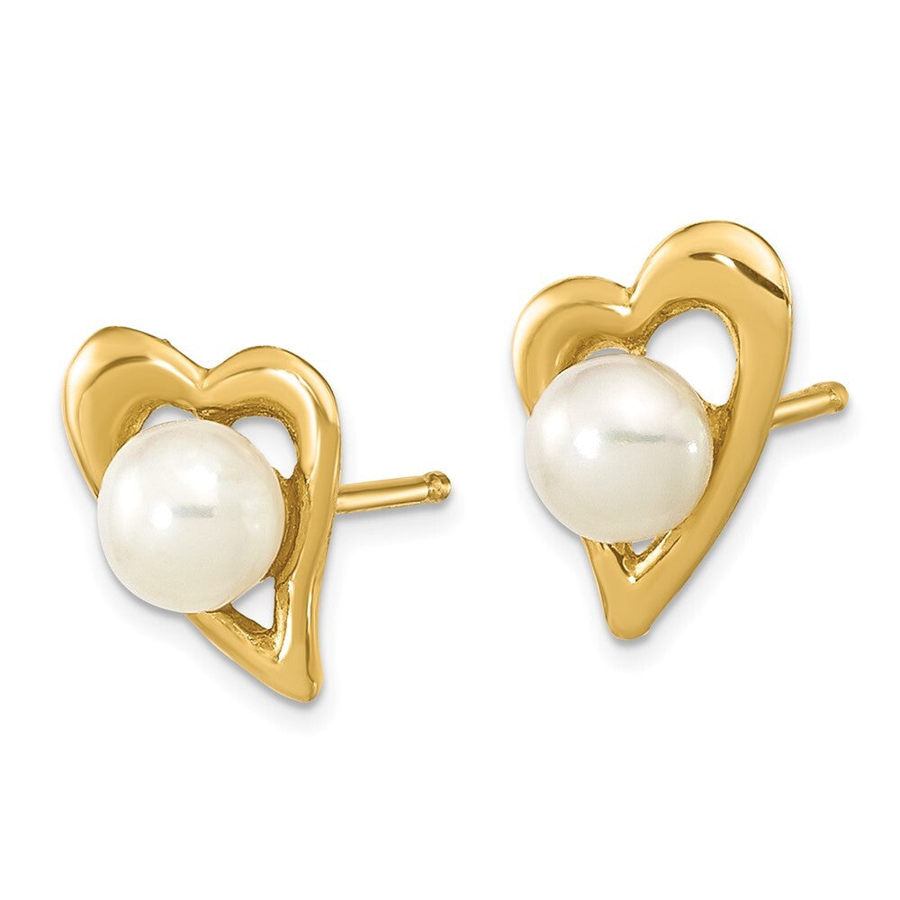 14k Yellow Gold 3-4mm White Button Freshwater Cultured Pearl Heart Stud Earrings